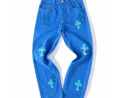 Blue jeans decorated with pale cross motifs
