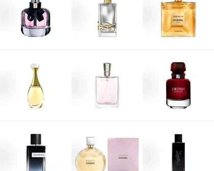 Assorted perfume bottles in a catalogue grid