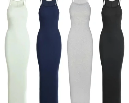 Long fitted dresses in green, navy, grey and black