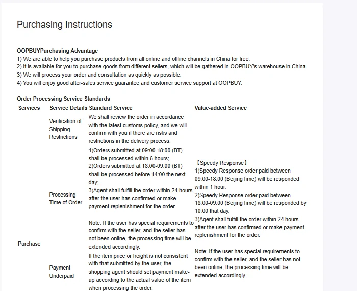 An official purchasing instructions page with a service standards table covering verification of shipping restrictions, order processing windows, and a payment underpaid row