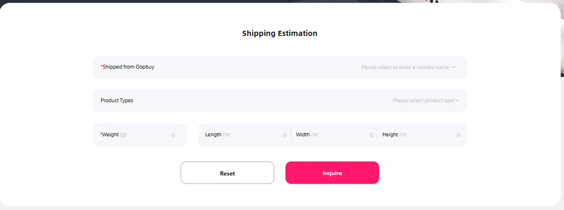 Oopbuy shipping estimator with destination, product type, weight and three dimension fields