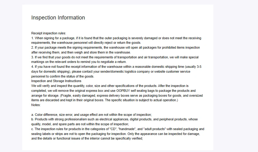 An official inspection information page listing receipt inspection rules and storage instructions, including removal of the original express box and repacking into the operator's own sealed bags