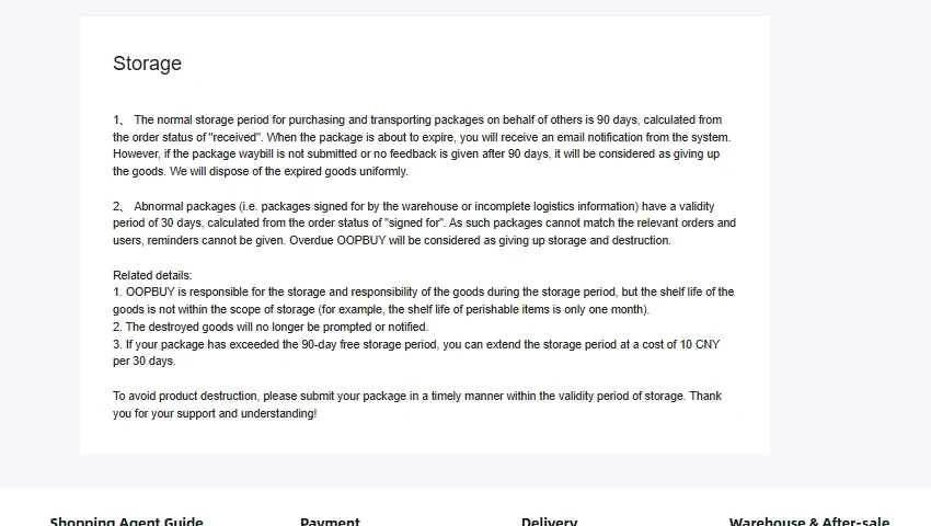 An official storage page stating the preservation period for purchasing and transporting packages and the order status the count begins from